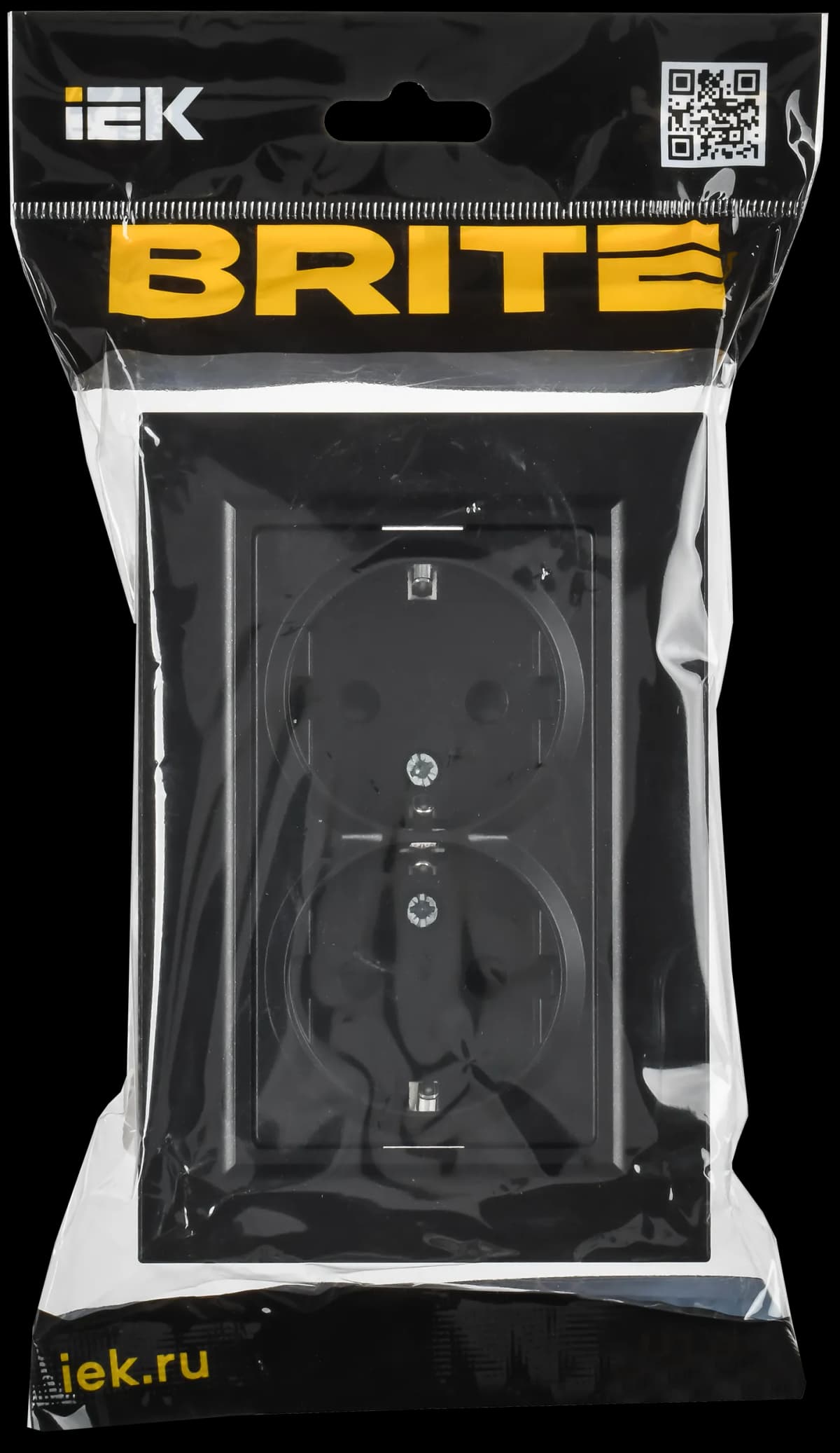 Розетка двойная с заземлением, защитными шторками и рамкой IEK BRITE BR-R28-16-K02-F (черный), фото 2