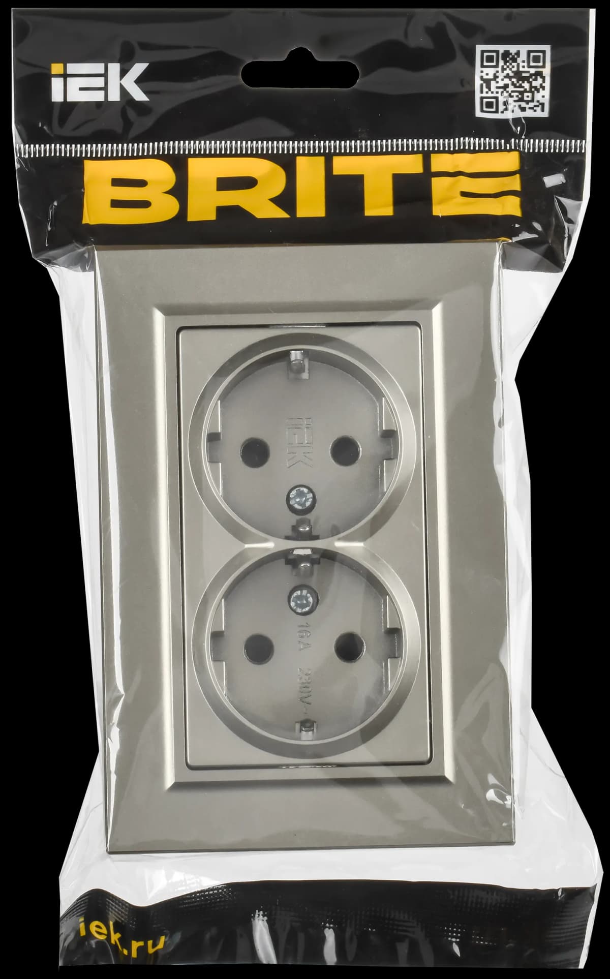Розетка двойная с заземлением, защитными шторками и рамкой IEK BRITE BR-R28-16-K37-F (шампань), фото 2