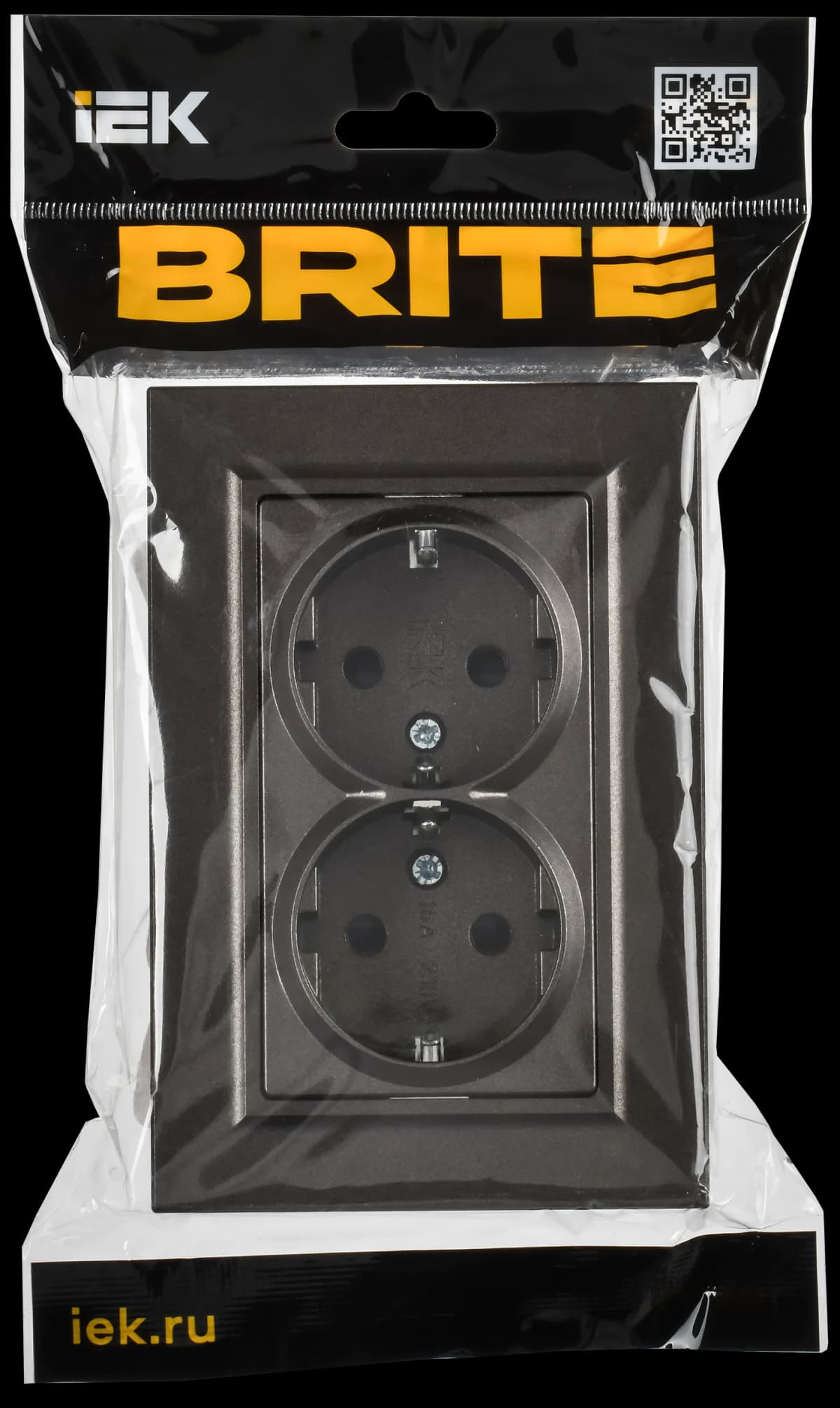 Розетка двойная с заземлением, защитными шторками и рамкой IEK BRITE BR-R28-16-K45-F (бронза), фото 2