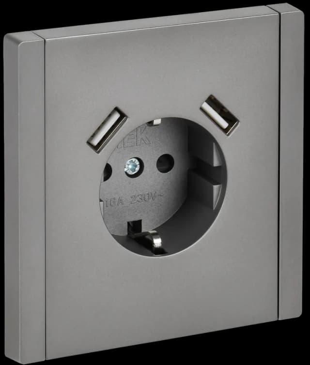 Розетка USB с заземлением и защитными шторками IEK FORTE&PIANO FP-R14-16-U21-D31-K46 (сталь)