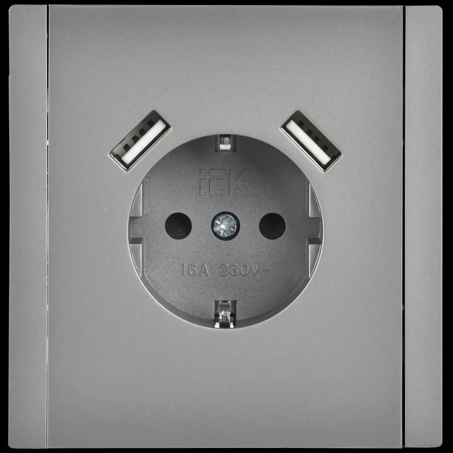 Розетка USB с заземлением и защитными шторками IEK FORTE&PIANO FP-R14-16-U21-D31-K46 (сталь), фото 3