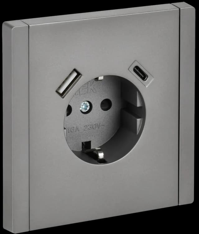 Розетка USB с заземлением и защитными шторками IEK FORTE&PIANO FP-R14-16-U22-018-K46 (сталь)