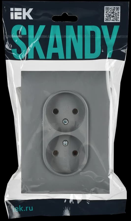 Розетка двойная без заземления с рамкой IEK SKANDY SK-R20-10-K03-F (серый), фото 2