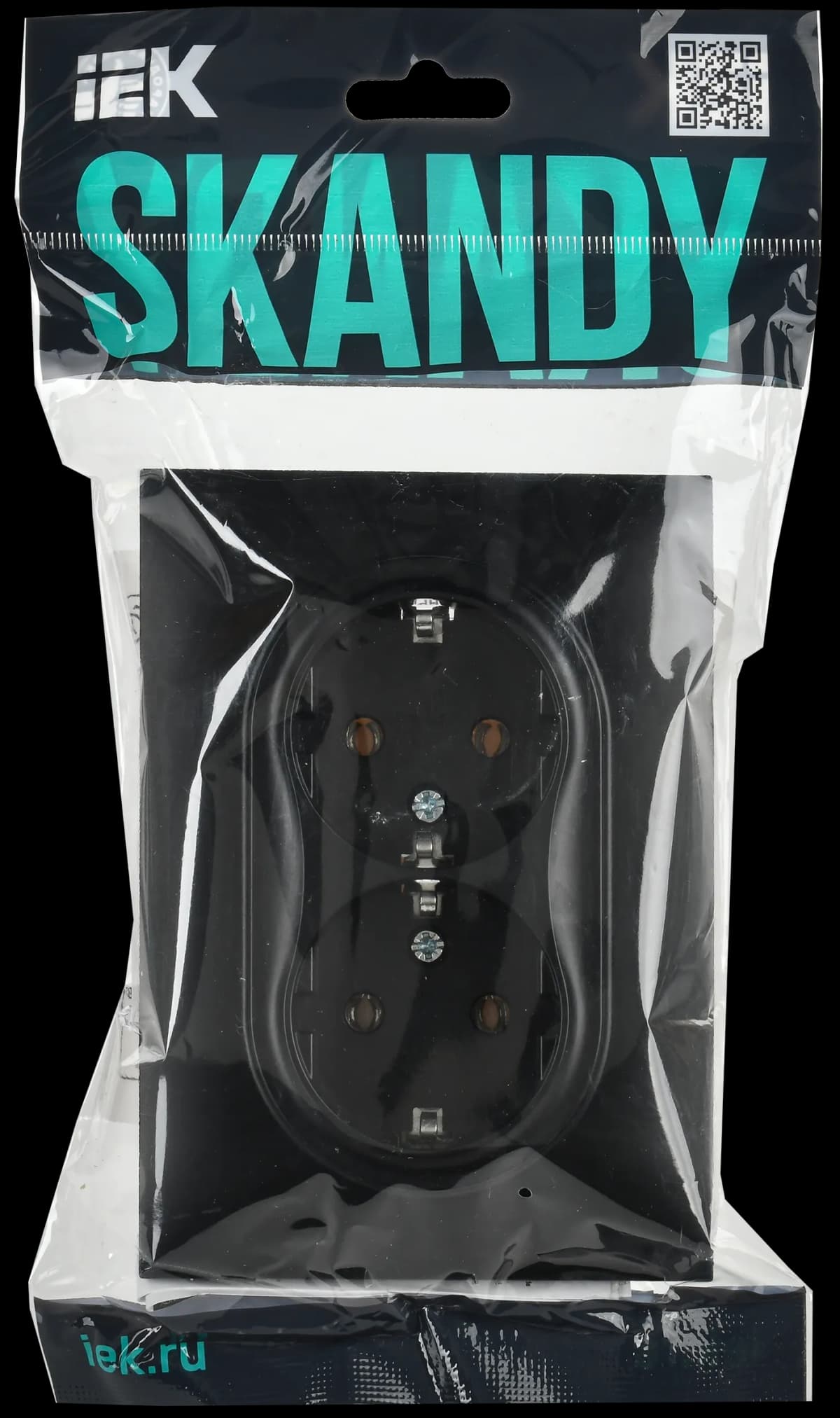 Розетка двойная с заземлением и рамкой IEK SKANDY SK-R21-16-K02-F (черный), фото 2
