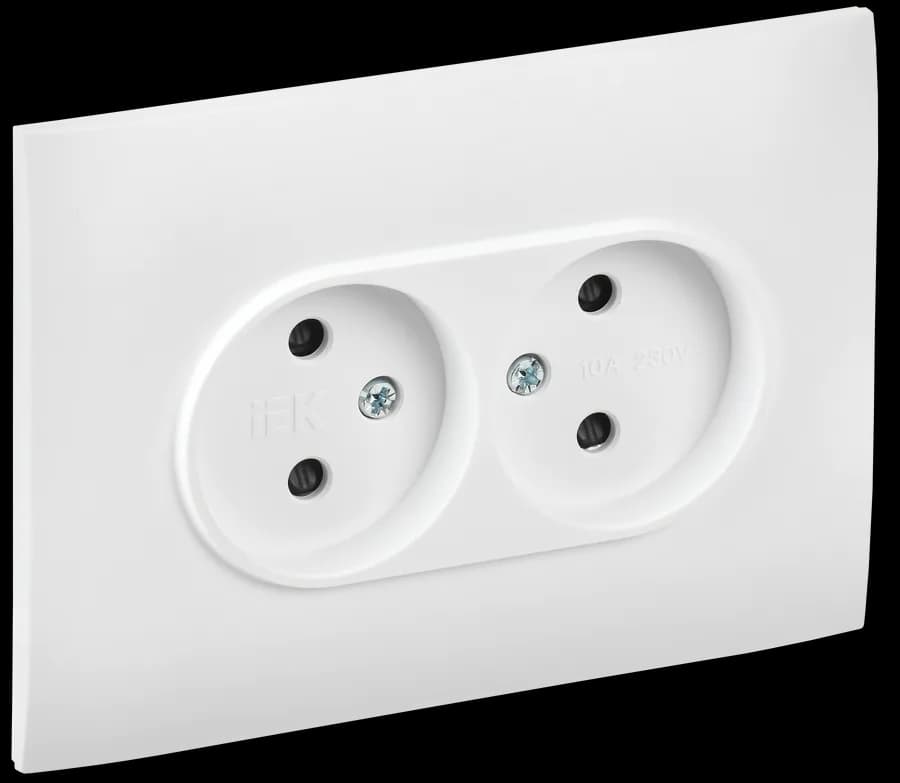 Розетка двойная без заземления с защитными шторками и рамкой IEK SKANDY SK-R23-10-K01-F (белый арктический)