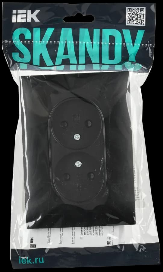 Розетка двойная без заземления с защитными шторками и рамкой IEK SKANDY SK-R23-10-K02-F (черный), фото 2
