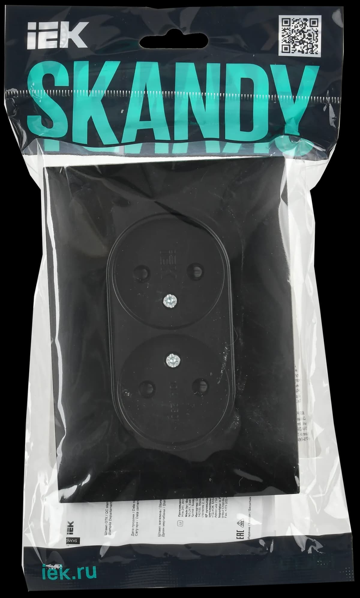 Розетка двойная без заземления с защитными шторками и рамкой IEK SKANDY SK-R23-10-K02-F (черный), фото 2