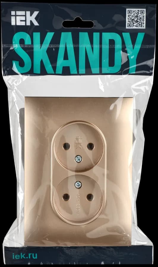 Розетка двойная без заземления с защитными шторками и рамкой IEK SKANDY SK-R23-10-K98-F (песочный), фото 2