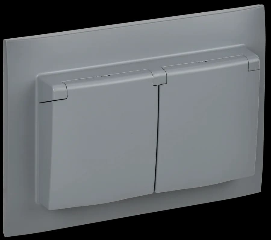 Розетка двойная с заземлением, крышкой и рамкой IEK SKANDY SK-R26-16-44-K03-F (серый)
