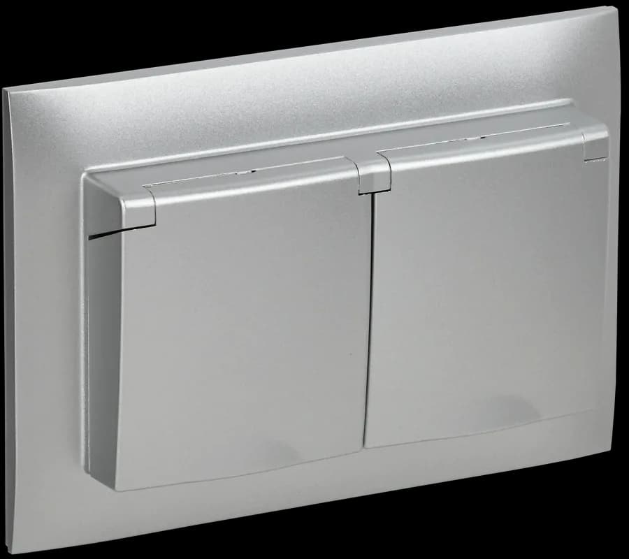 Розетка двойная с заземлением, крышкой и рамкой IEK SKANDY SK-R26-16-44-K23-F (серебряный)