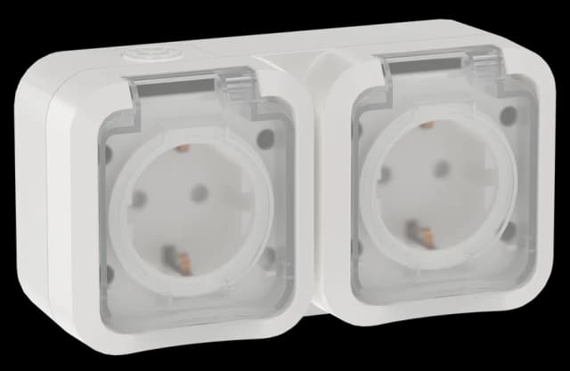 Розетка двойная с заземлением, защитными шторками и крышкой IEK TORS TS-R26-16-55-G-K01 (белый)