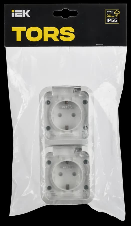 Розетка двойная с заземлением, защитными шторками и крышкой IEK TORS TS-R26-16-55-V-K01 (белый), фото 2