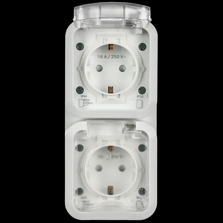 Розетка двойная с заземлением, защитными шторками и крышкой IEK TORS TS-R26-16-55-V-K01 (белый), фото 3