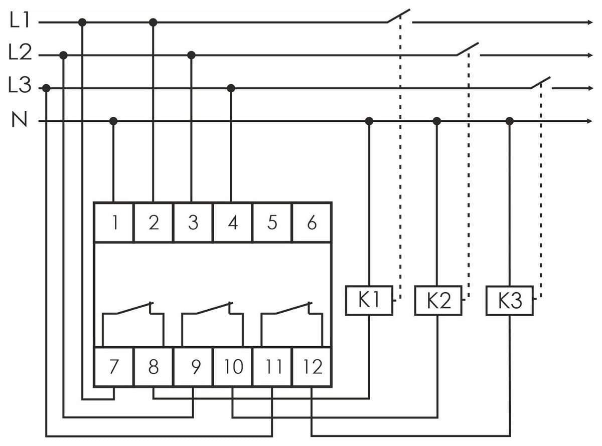 Реле напряжения трёхфазное 16А Евроавтоматика ФиФ CP-733 — схема подключения