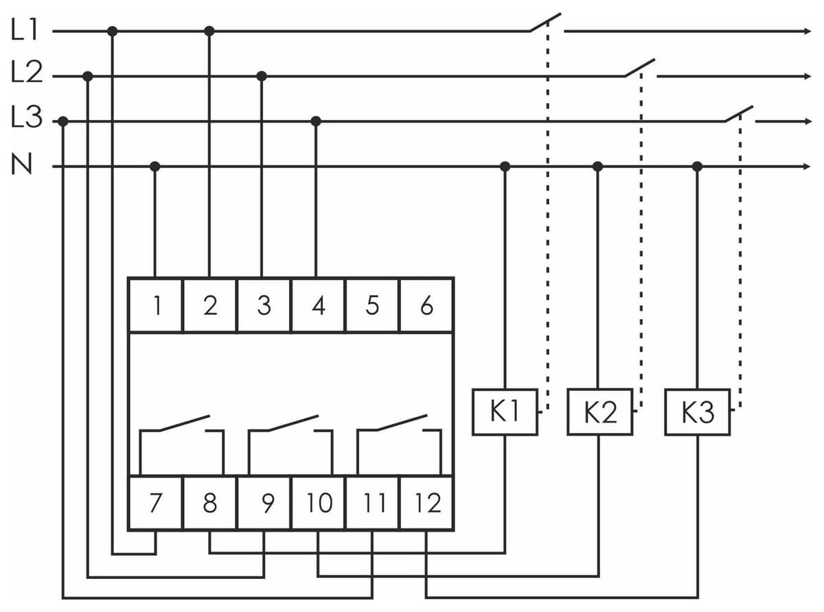 Реле напряжения трёхфазное 16А Евроавтоматика ФиФ CP-734 — схема подключения