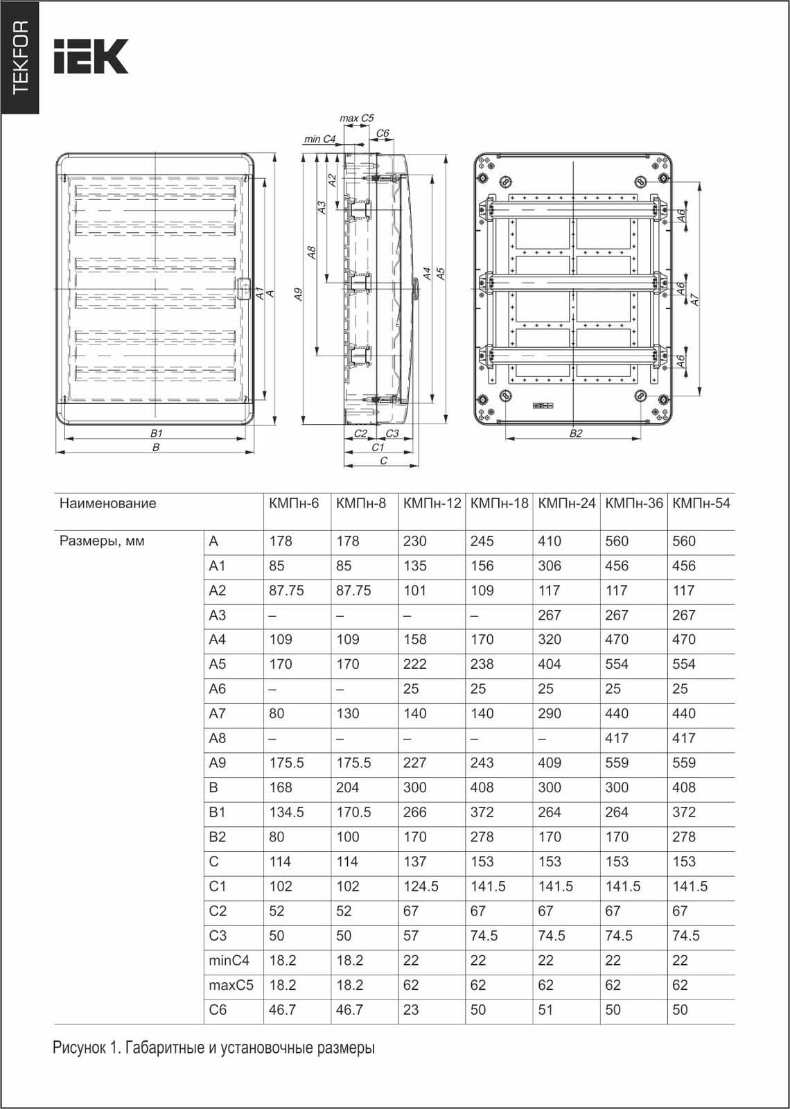Бокс пластиковый навесной IEK TEKFOR TF5-KP72-N-18-65-K03-K09, КМПн-18, на 18 модулей, 1 ряд, оранжевая прозрачная дверь, IP65, серый - габаритный чертёж