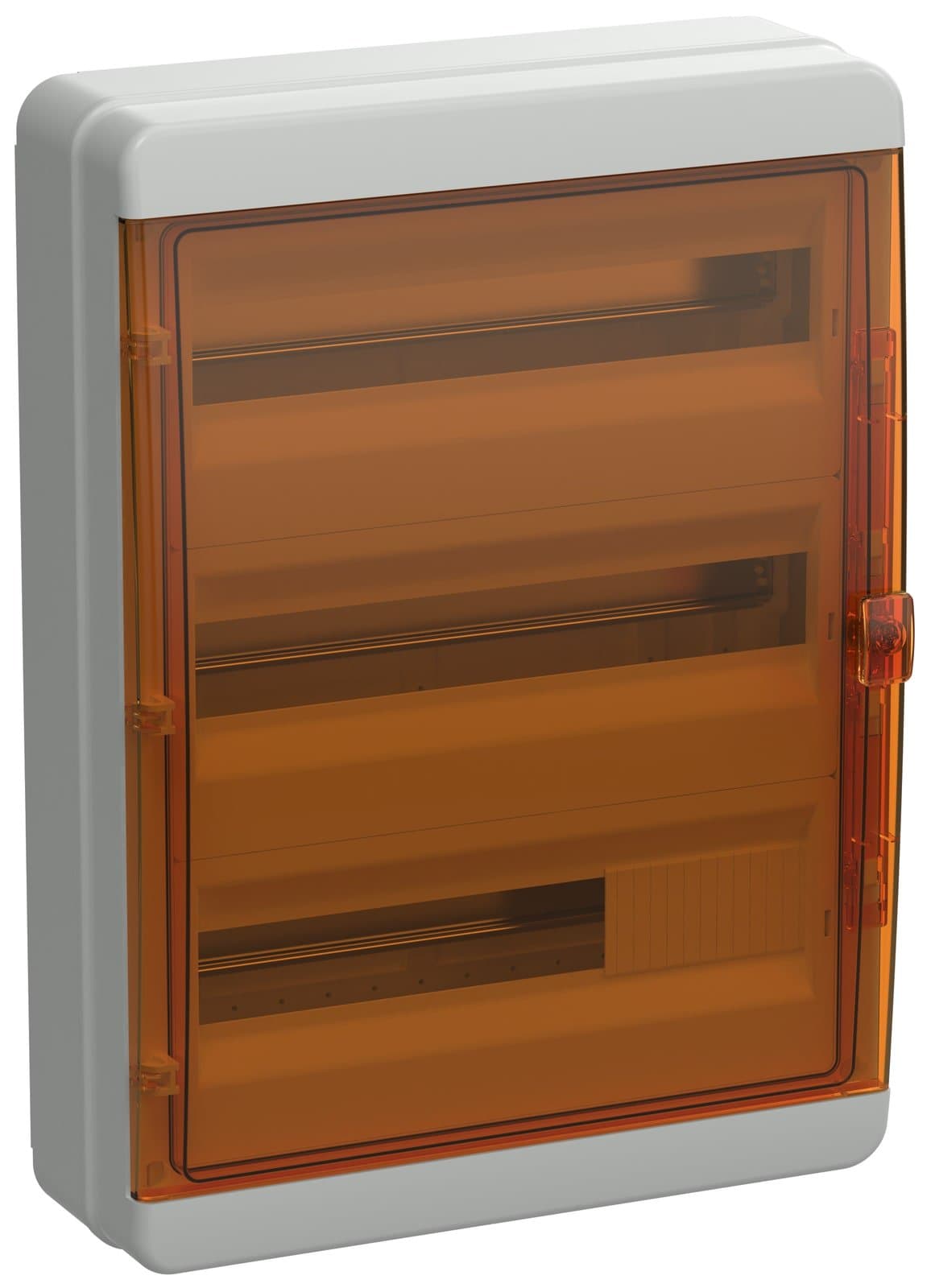 Бокс пластиковый навесной IEK TEKFOR TF5-KP72-N-54-65-K03-K09, КМПн-54, на 54 модуля, 3 ряда, оранжевая прозрачная дверь, IP65, серый