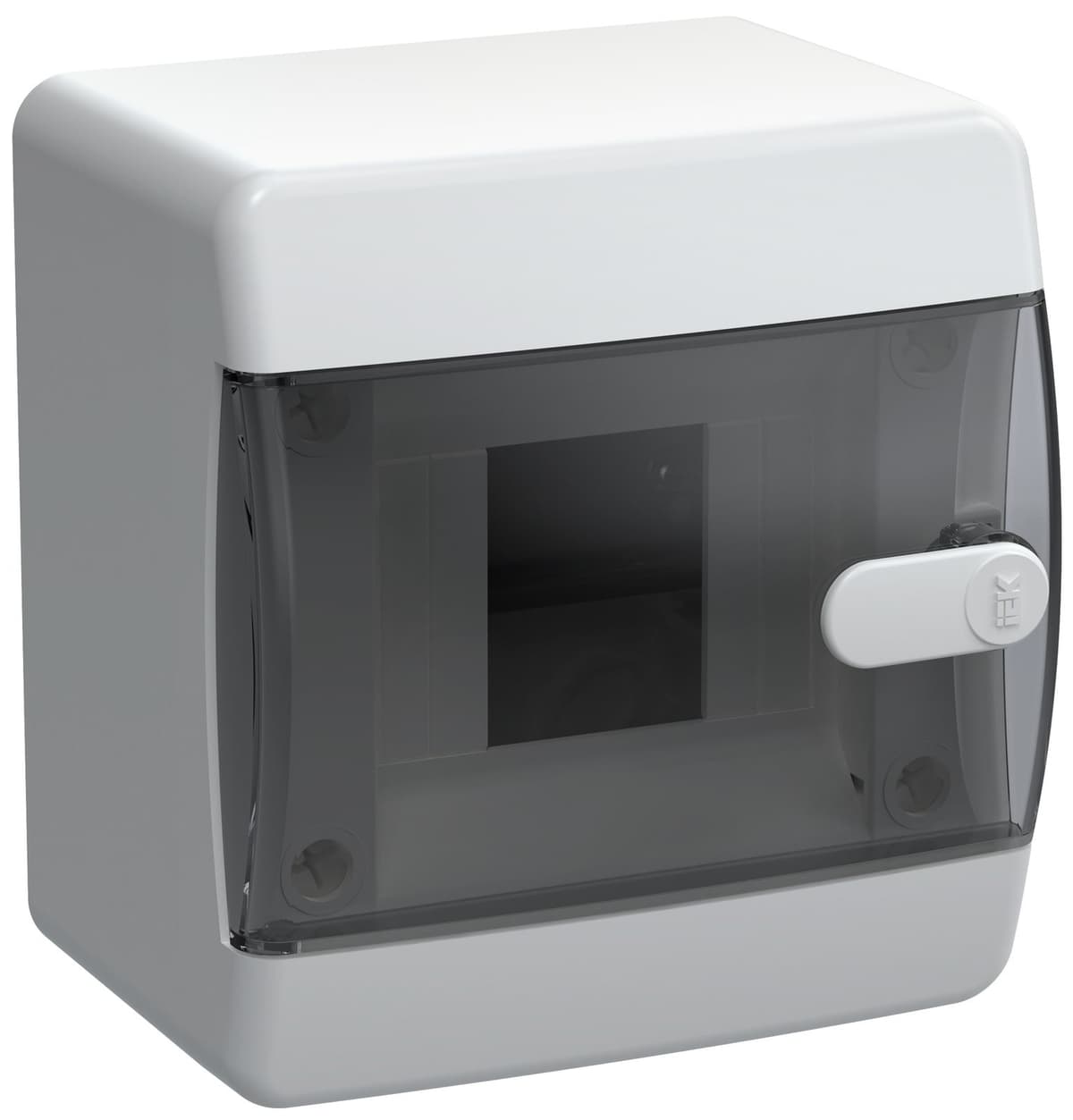 Бокс пластиковый навесной IEK UNION Compact UIC-KP12-N-04-41-K01, ЩРН-П-4, на 4 модуля, 1 ряд, черная прозрачная дверь, IP41, белый