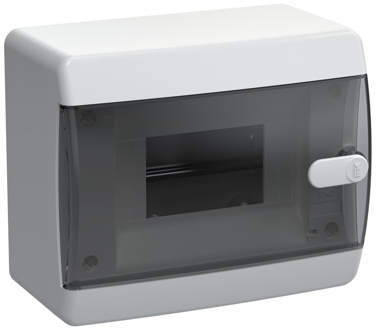 Бокс пластиковый навесной IEK UNION Compact UIC-KP12-N-06-41-K01, ЩРН-П-6, на 6 модулей, 1 ряд, черная прозрачная дверь, IP41, белый