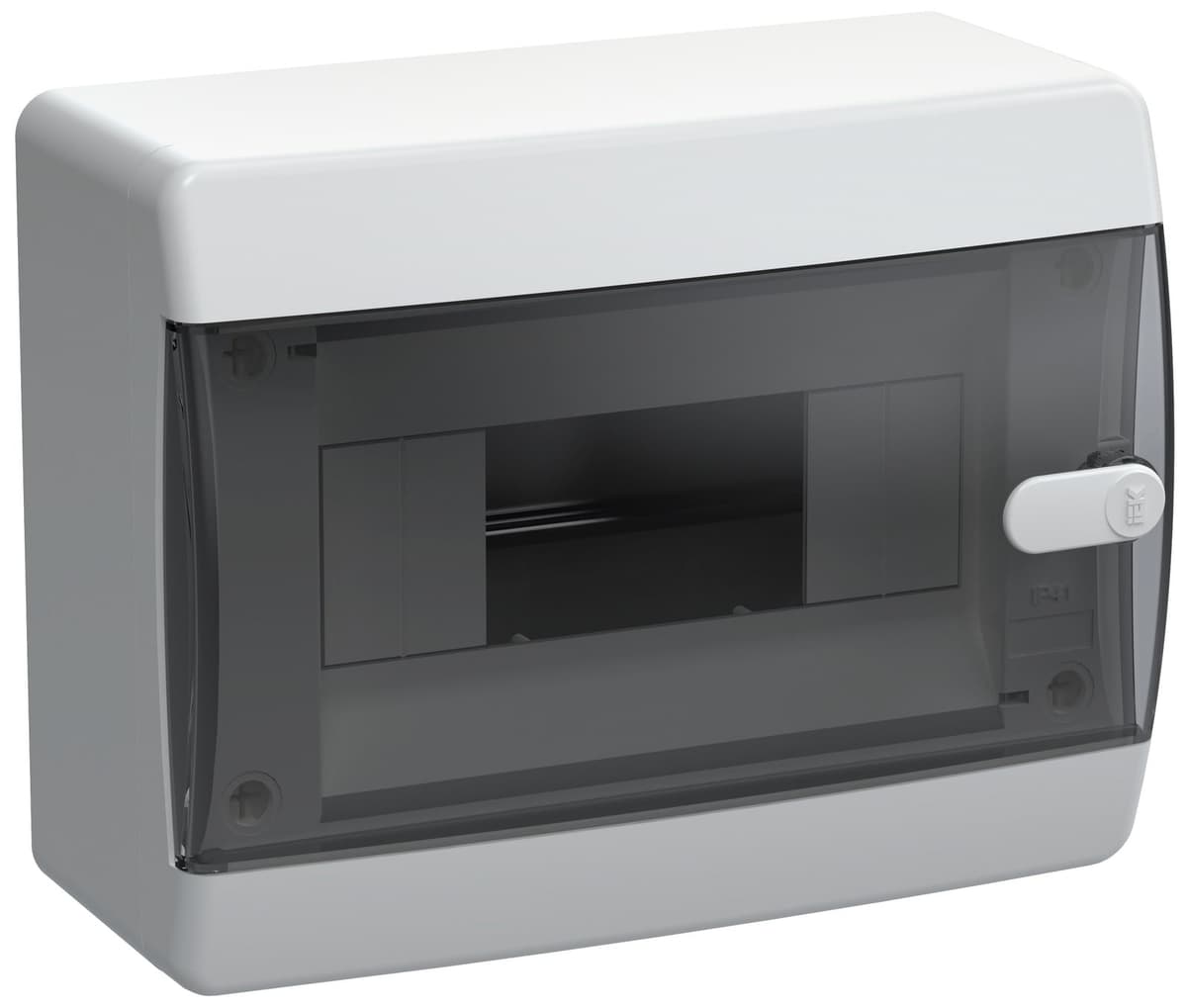 Бокс пластиковый навесной IEK UNION Compact UIC-KP12-N-08-41-K01, ЩРН-П-8, на 8 модулей, 1 ряд, черная прозрачная дверь, IP41, белый