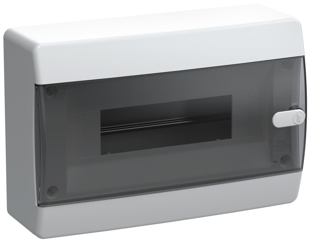 Бокс пластиковый навесной IEK UNION Compact UIC-KP12-N-12-41-K01, ЩРН-П-12, на 12 модулей, 1 ряд, черная прозрачная дверь, IP41, белый
