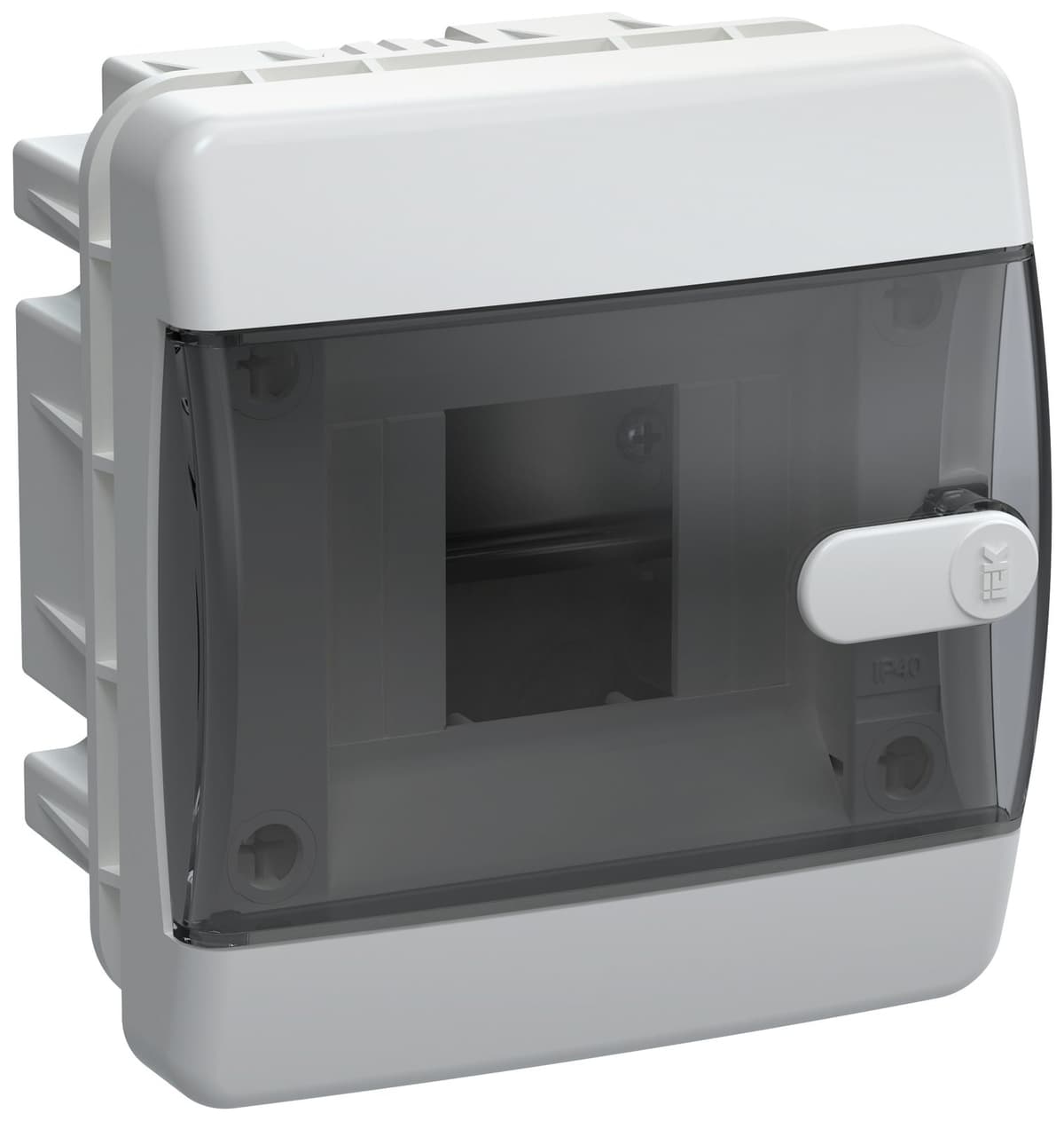 Бокс пластиковый встраиваемый IEK UNION Compact UIC-KP12-V-04-41-K01, ЩРВ-П-4, на 4 модуля, 1 ряд, черная прозрачная дверь, IP41, белый