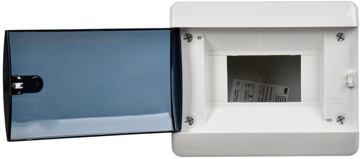 Бокс пластиковый встраиваемый IEK UNION Compact UIC-KP12-V-06-41-K01, ЩРВ-П-6, на 6 модулей, 1 ряд, черная прозрачная дверь, IP41, белый