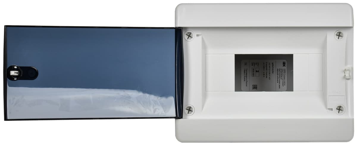 Бокс пластиковый встраиваемый IEK UNION Compact UIC-KP12-V-08-41-K01, ЩРВ-П-8, на 8 модулей, 1 ряд, черная прозрачная дверь, IP41, белый