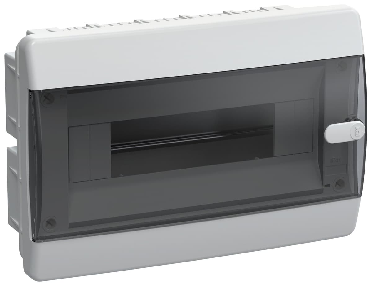 Бокс пластиковый встраиваемый IEK UNION Compact UIC-KP12-V-12-41-K01, ЩРВ-П-12, на 12 модулей, 1 ряд, черная прозрачная дверь, IP41, белый