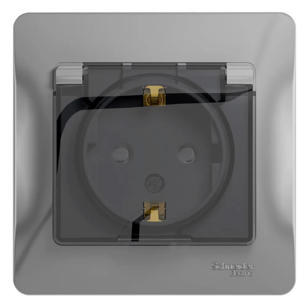 Розетка силовая с заземлением, защитными шторками, крышкой и рамкой Systeme Electric (Schneider) Glossa, цвет алюминий