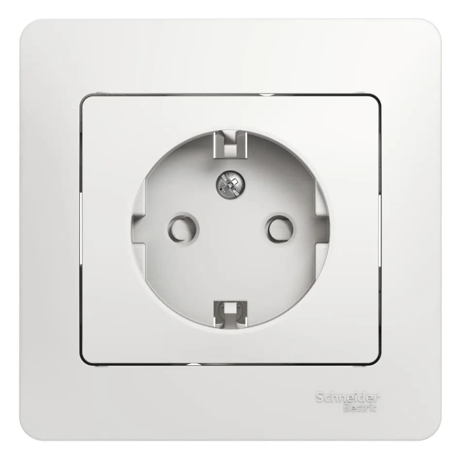 Розетка силовая с заземлением, защитными шторками и рамкой Systeme Electric (Schneider) Glossa, цвет белый