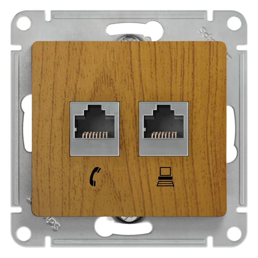 Розетка двойная телефонная и компьютерная с рамкой Systeme Electric (Schneider) Glossa, цвет дуб