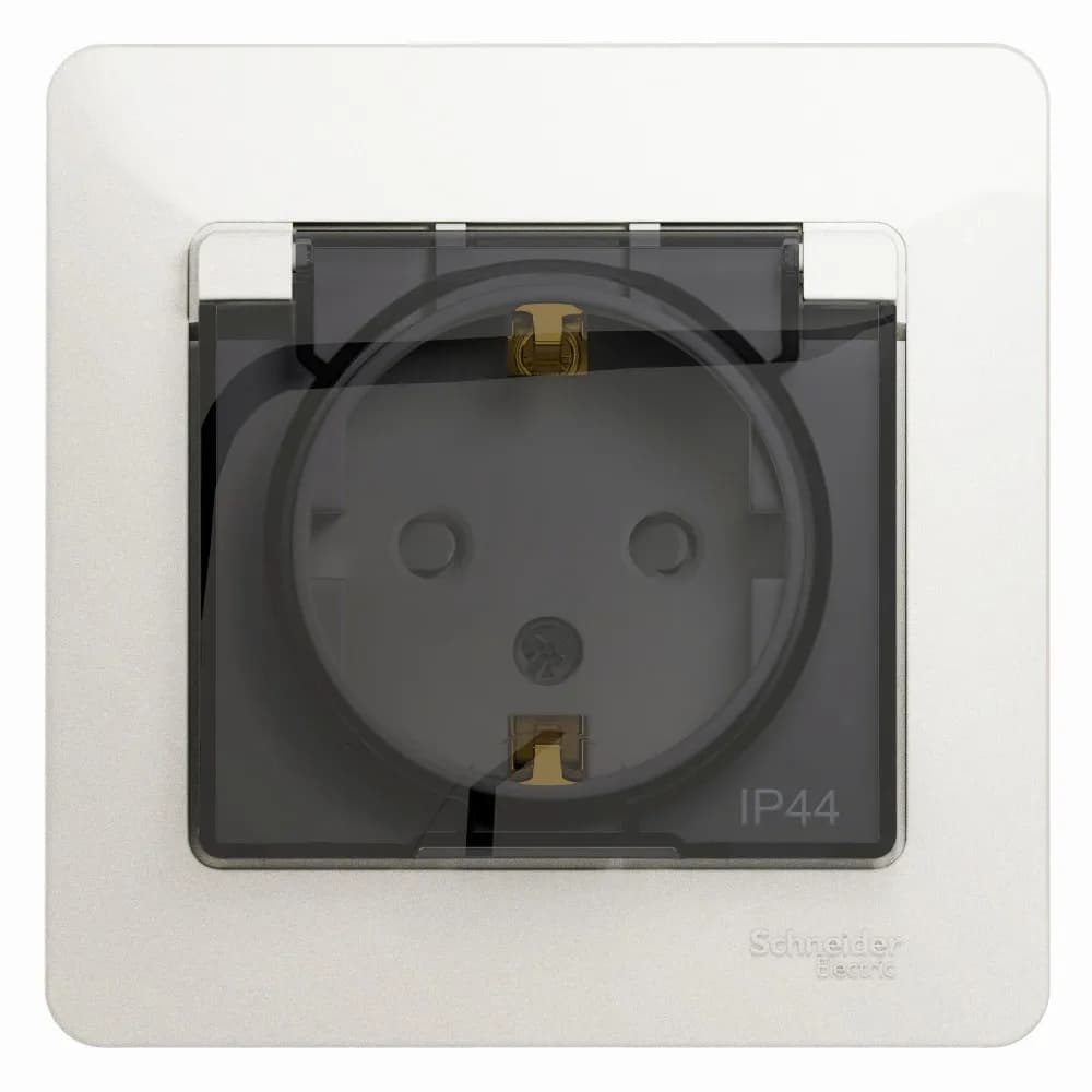 Розетка силовая с заземлением, защитными шторками, крышкой и рамкой Systeme Electric (Schneider) Glossa, цвет перламутр