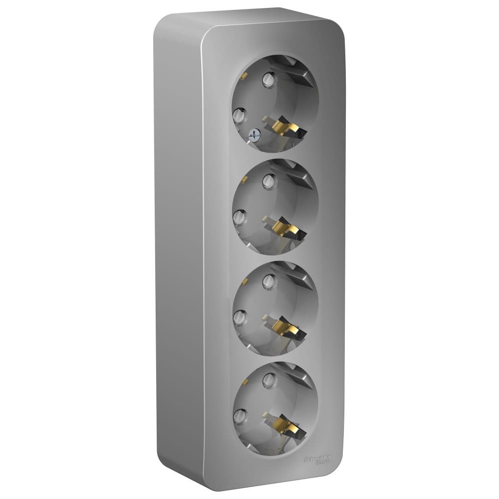 Розетка четверная с заземлением и защитными шторками Systeme Electric Blanca BLNRA011413, цвет алюминий, защита от детей, четыре евроразъема с заземлением.