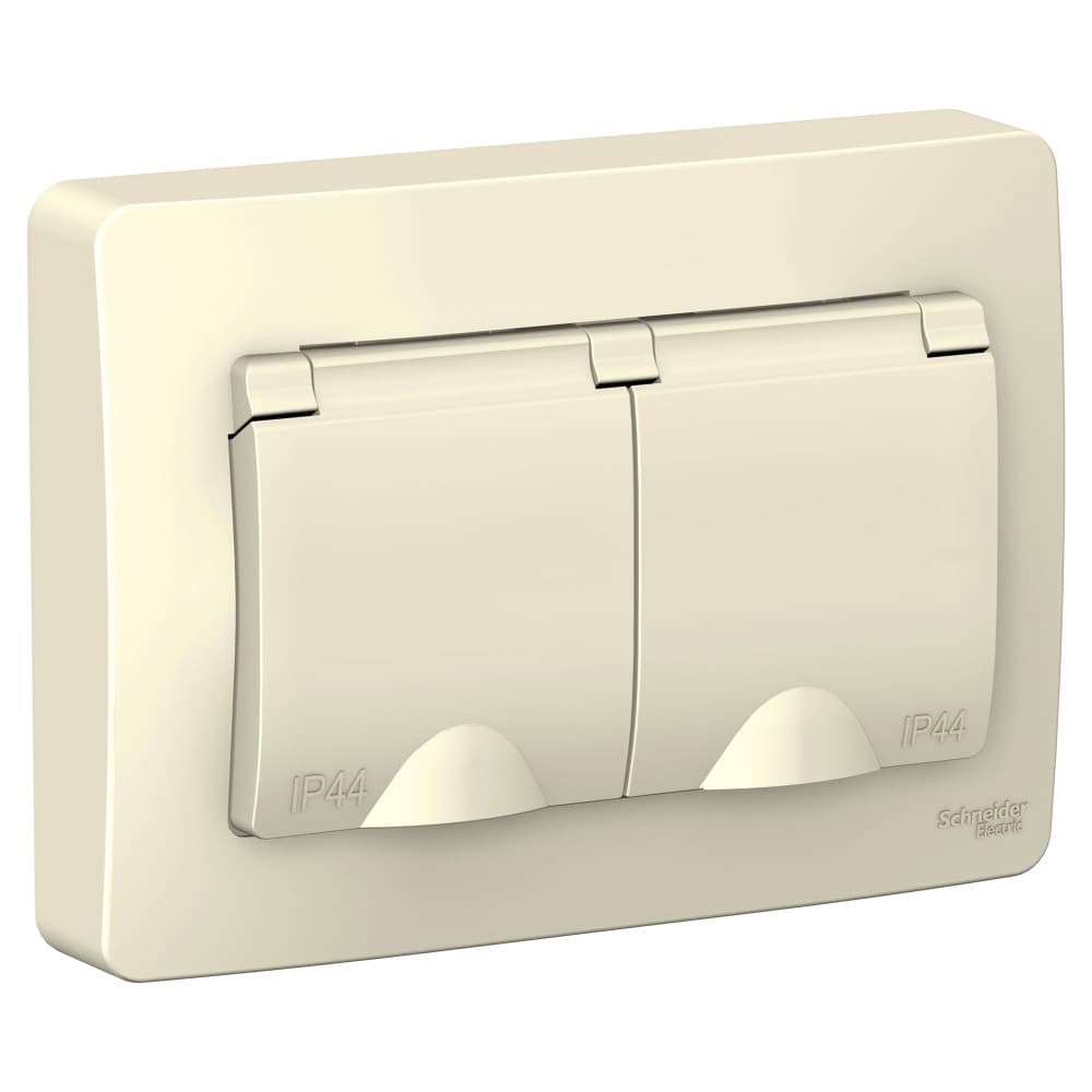 Розетка двойная с заземлением, защитными шторками и крышкой Systeme Electric Blanca BLNRS441122, цвет молочный, влагозащищенная, два разъема, для улицы или ванной.