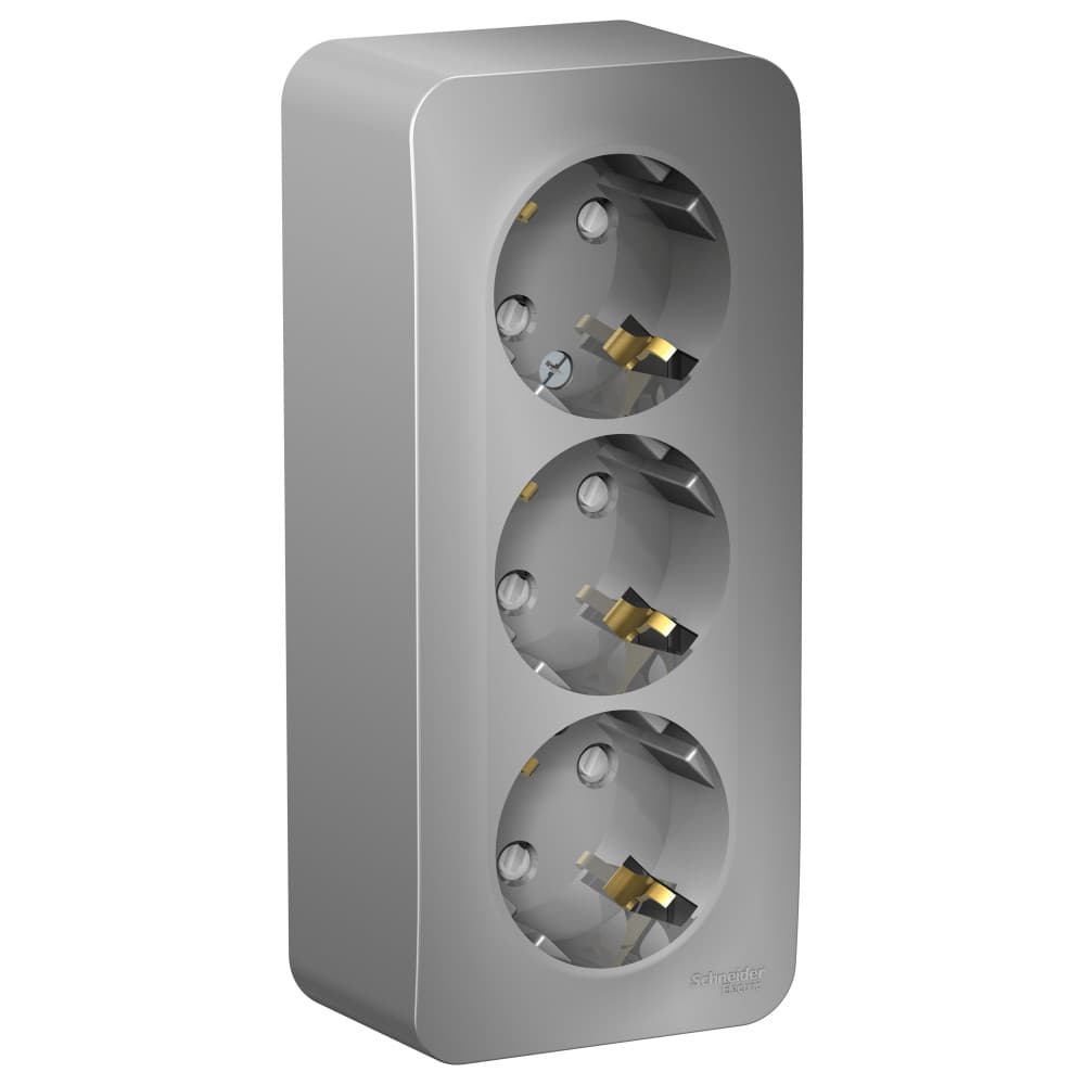 Розетка тройная с заземлением и защитными шторками Systeme Electric Blanca BLNRA011313, цвет алюминий, защита от детей, три евроразъема с заземлением.