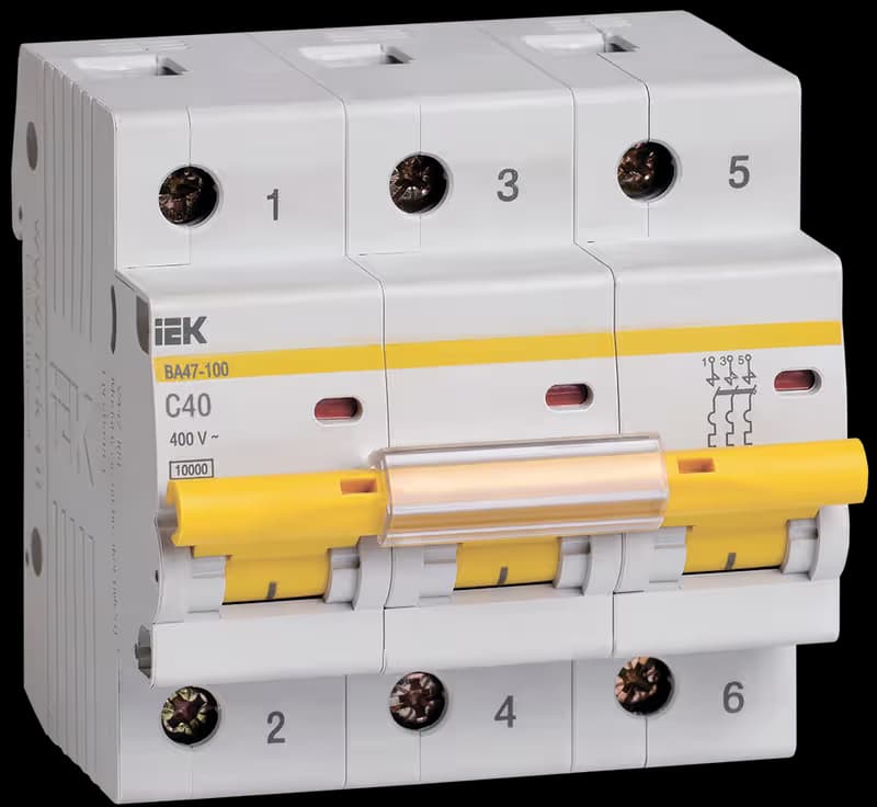 Автоматический выключатель модульный IEK KARAT ВА47-100 MVA40-3-040-C, 3-полюсный, характеристика C, номинальный ток 40А, отключающая способность 10кА, на DIN-рейку, ширина 4.5 модуля