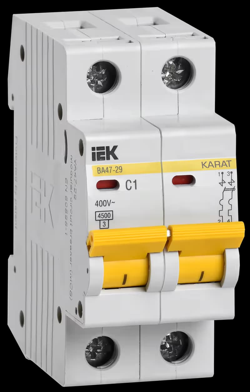Автоматический выключатель модульный IEK KARAT ВА47-29 MVA20-2-001-C, 2-полюсный, характеристика C, номинальный ток 1А, отключающая способность 4,5 кА, на DIN-рейку