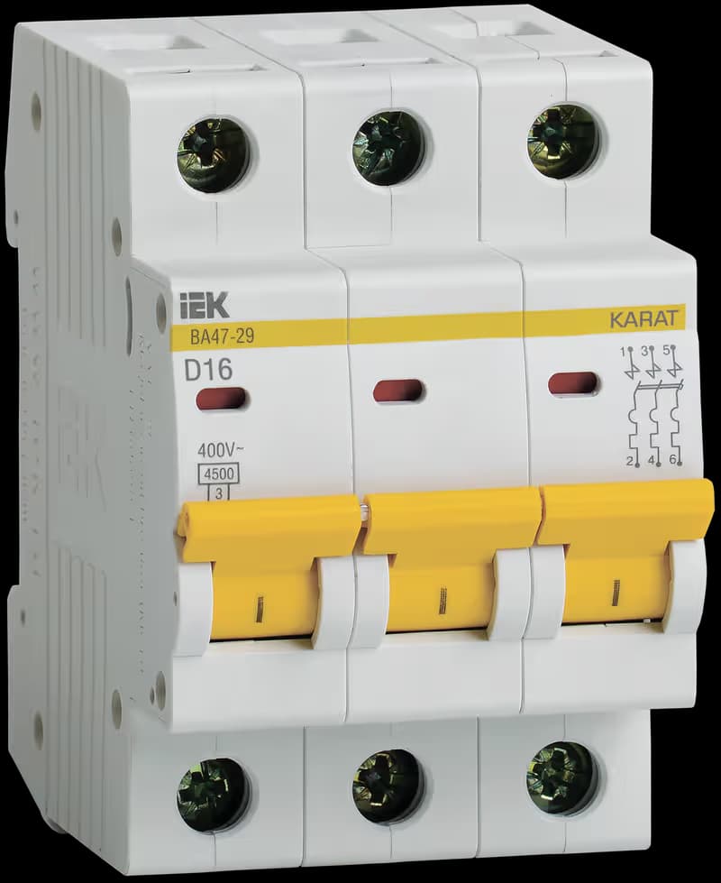 Автоматический выключатель модульный IEK KARAT ВА47-29 MVA20-3-016-D, 3-полюсный, характеристика D, номинальный ток 16А, отключающая способность 4,5 кА, на DIN-рейку, ширина 3 модуля