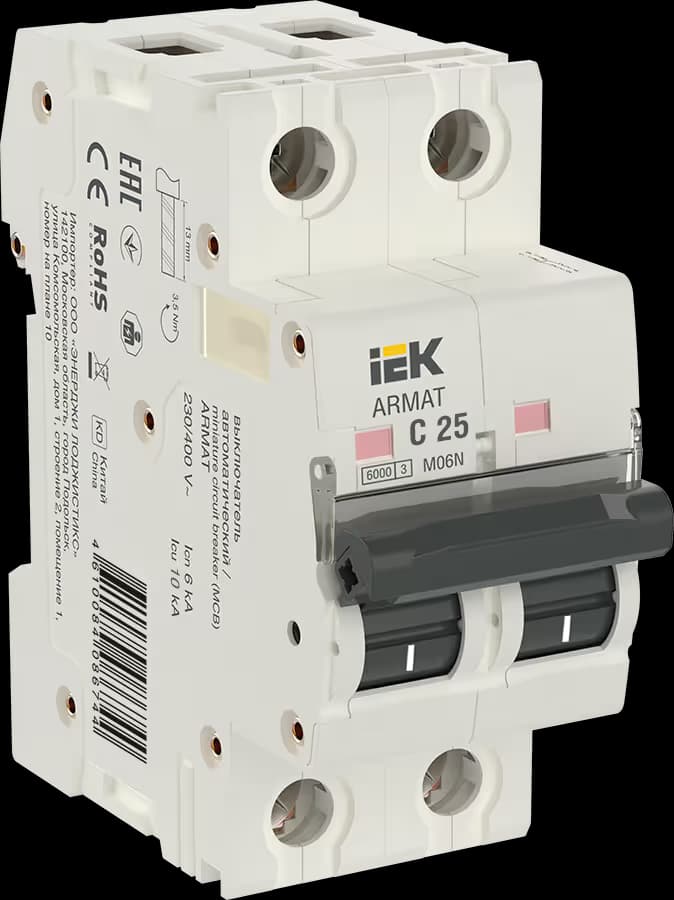 Автоматический выключатель модульный IEK ARMAT M06N AR-M06N-2-C025, 2-полюсный, характеристика C, номинальный ток 25А, отключающая способность 6кА, на DIN-рейку