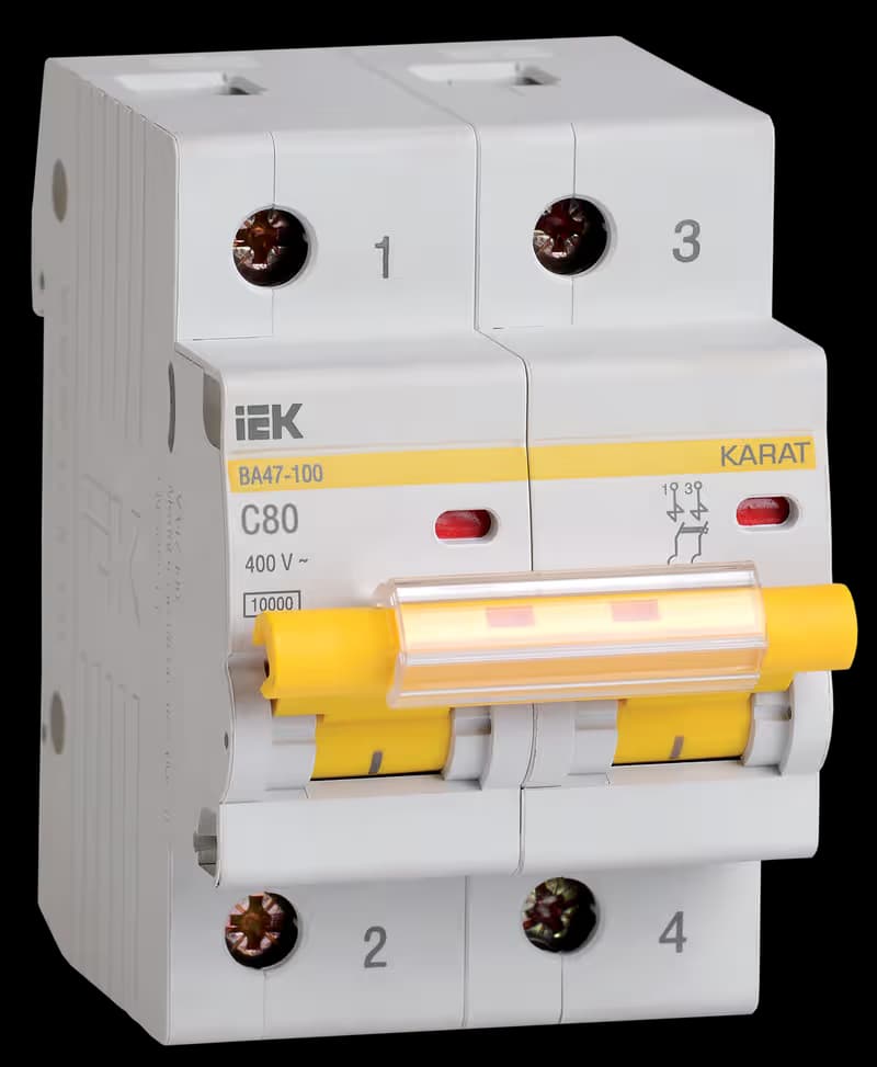 Автоматический выключатель модульный IEK KARAT ВА47-100 MVA40-2-080-C, 2-полюсный, характеристика C, номинальный ток 80А, отключающая способность 10кА, на DIN-рейку, ширина 3 модуля