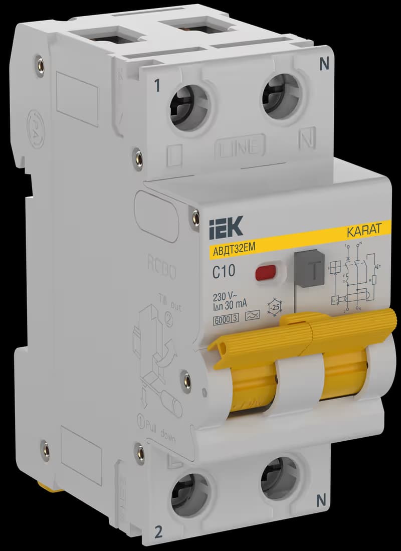 Дифференциальный автомат АВДТ32EM IEK KARAT KA-VD14-1-010-C-030-A, двухполюсный (1P+N), характеристика C, номинальный ток 10А, ток утечки 30мА, тип A, отключающая способность 6кА, на DIN-рейку