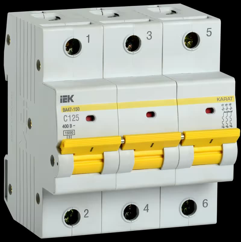 Автоматический выключатель модульный IEK KARAT ВА47-150 MVA50-3-125-C, 3-полюсный, характеристика C, номинальный ток 125А, отключающая способность 15кА, на DIN-рейку, ширина 6 модулей