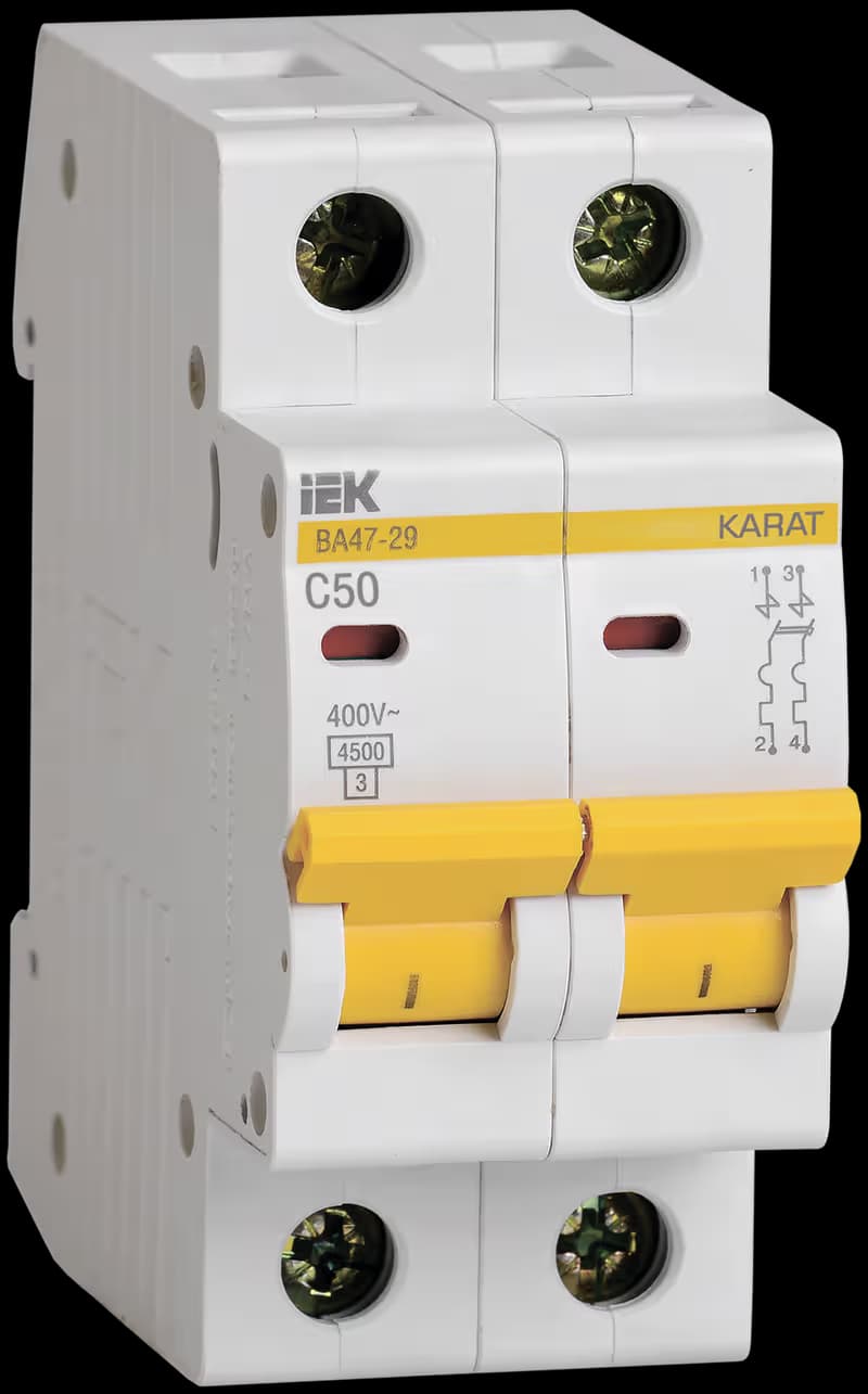 Автоматический выключатель модульный IEK KARAT ВА47-29 MVA20-2-050-C, 2-полюсный, характеристика C, номинальный ток 50А, отключающая способность 4,5 кА, на DIN-рейку