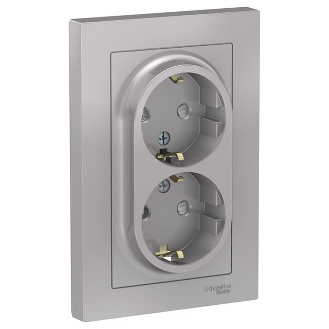 Розетка двойная с заземлением и защитными шторками Schneider Electric AtlasDesign алюминий ATN000326