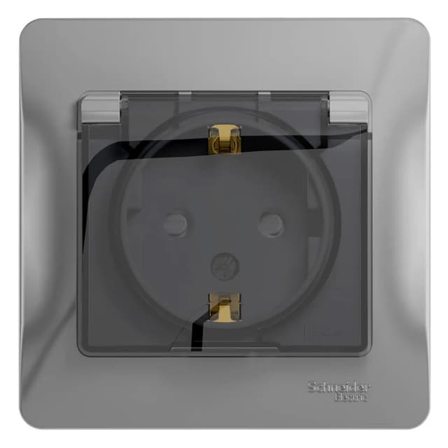 Розетка силовая с заземлением, защитными шторками, крышкой и рамкой Systeme Electric (Schneider) Glossa, цвет алюминий