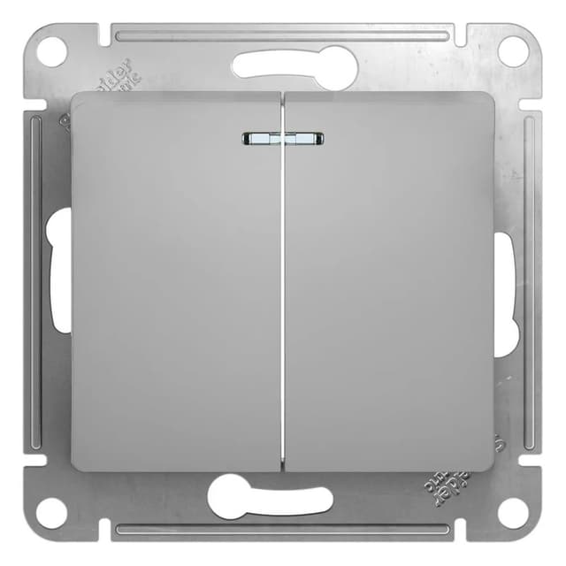 Выключатель двухклавишный с подсветкой Systeme Electric (Schneider) Glossa, цвет алюминий
