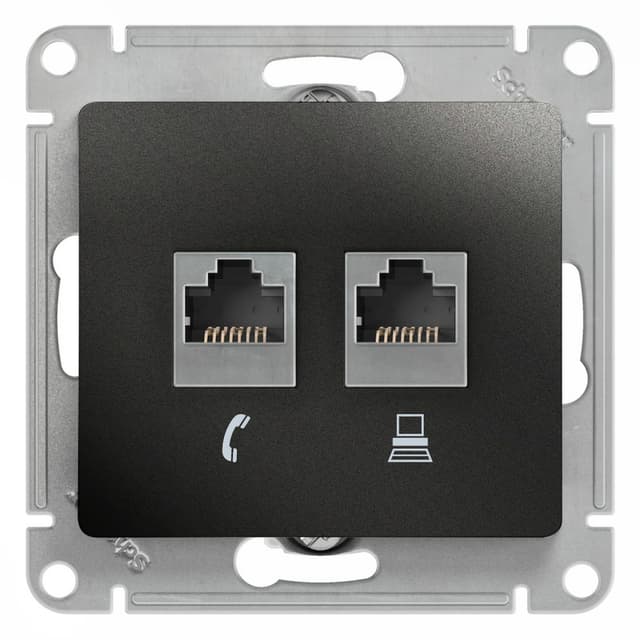 Розетка двойная Schneider Electric Glossa антрацит телефон RJ-11 + компьютер RJ-45 GSL000785
