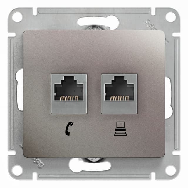 Розетка двойная Schneider Electric Glossa цвет платина телефон RJ-11 + компьютер RJ-45 с рамкой GSL001285