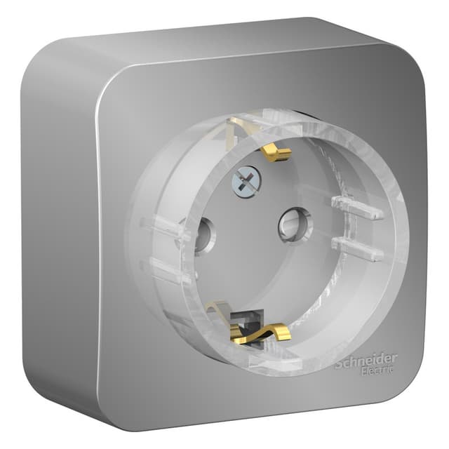 Розетка с заземлением и защитными шторками Systeme Electric Blanca BLNRA111113, цвет алюминий, защита от детей, металлический дизайн, скрытый монтаж.
